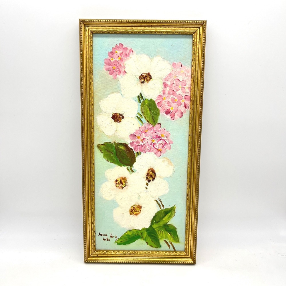 Vintage 1962 Signed Original Oil Painting Floral White Pink Gold Frame 15x7